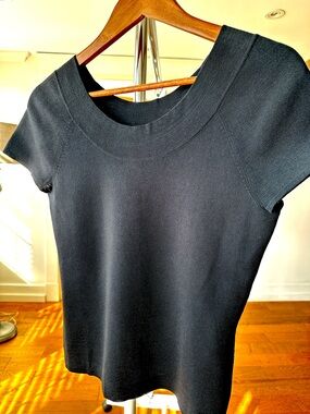 Talbots Ribbed Knit Top with Scoop Neck & Short Sleeves, Black
